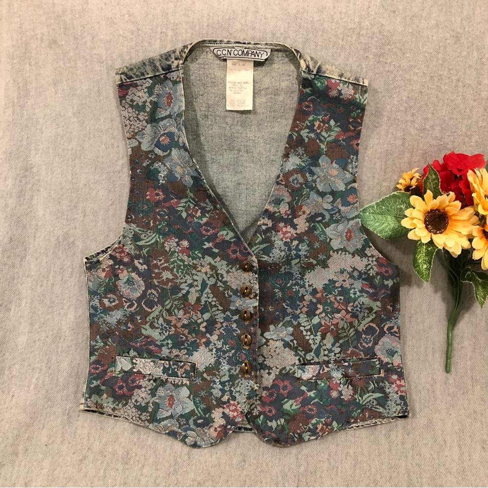 NWOT - Floral Tapestry-Look Denim Vest